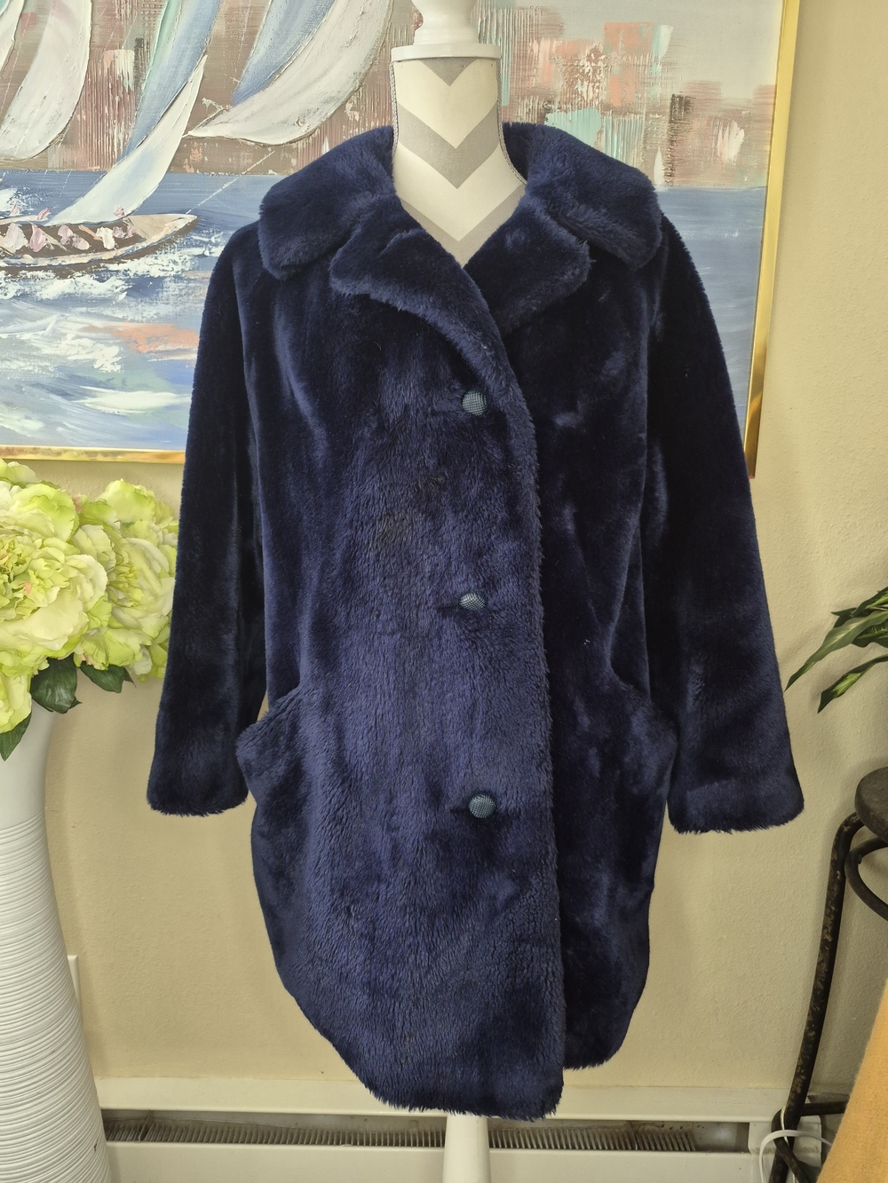 Vintage Borgana Womens Plush Navy Teddy Coat